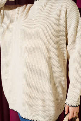 Çoban Dikiş Detaylı Triko Tunik Krem - Tunik