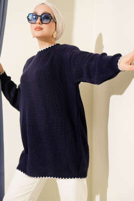 Çoban Dikiş Detaylı Triko Tunik Lacivert 
