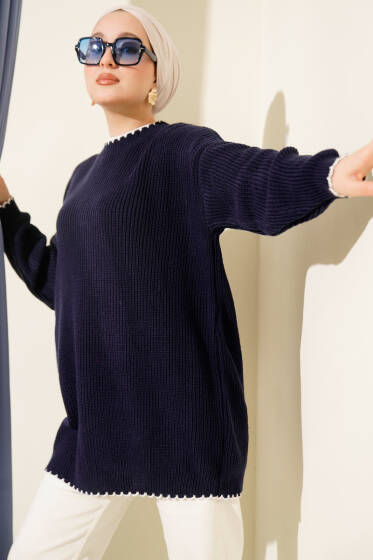 Çoban Dikiş Detaylı Triko Tunik Lacivert - Yılın Fırsatı
