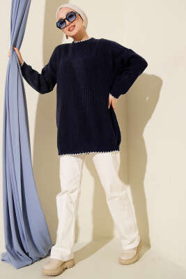 Çoban Dikiş Detaylı Triko Tunik Lacivert - Yılın Fırsatı