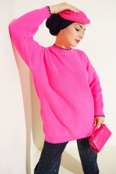 Çoban Dikiş Detaylı Triko Tunik Pembe - Tunik