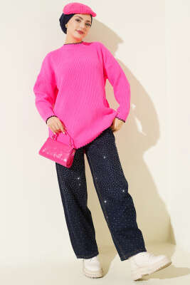 Çoban Dikiş Detaylı Triko Tunik Pembe - Tunik