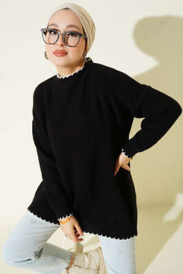 Çoban Dikiş Detaylı Triko Tunik Siyah - RAFİMİX