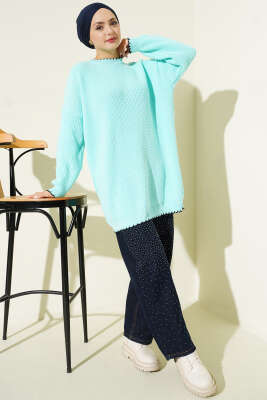Çoban Dikiş Detaylı Triko Tunik Turkuaz - Tunik