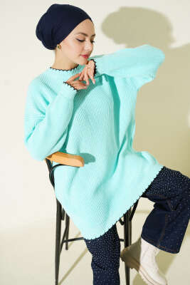 Çoban Dikiş Detaylı Triko Tunik Turkuaz 