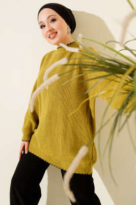 Çoban Dikiş Detaylı Triko Tunik Yağ Yeşili - RAFİMİX