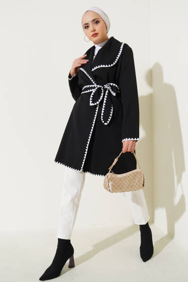 Çoban Dikişli Kuşaklı Hırka Siyah - Hırka
