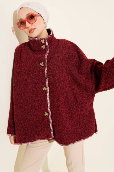 Çoban Dikişli Oversize Keçe Ceket Bordo - Ceket