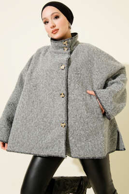 Çoban Dikişli Oversize Keçe Ceket Gri - HATUN