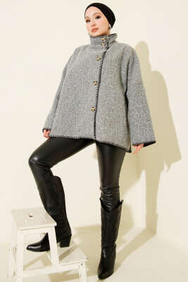 Çoban Dikişli Oversize Keçe Ceket Gri - Ceket