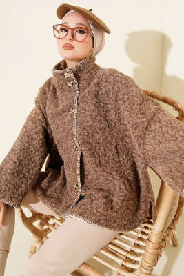 Çoban Dikişli Oversize Keçe Ceket Kahve - HATUN