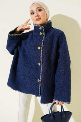 Çoban Dikişli Oversize Keçe Ceket Lacivert - HATUN