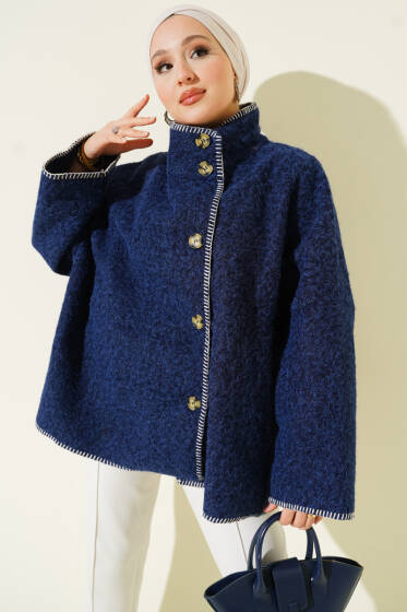 Çoban Dikişli Oversize Keçe Ceket Lacivert - Ceket