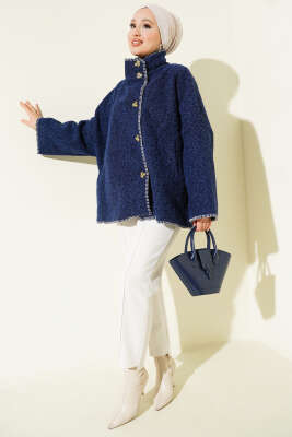 Çoban Dikişli Oversize Keçe Ceket Lacivert - Ceket