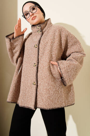 Çoban Dikişli Oversize Keçe Ceket Latte - Ceket