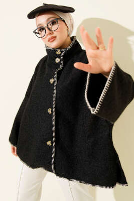 Çoban Dikişli Oversize Keçe Ceket Siyah - HATUN
