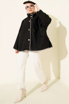 Çoban Dikişli Oversize Keçe Ceket Siyah - Ceket