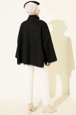 Çoban Dikişli Oversize Keçe Ceket Siyah - Ceket