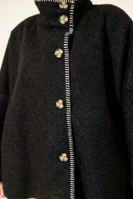 Çoban Dikişli Oversize Keçe Ceket Siyah - Ceket