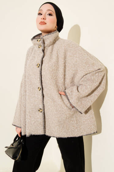 Çoban Dikişli Oversize Keçe Ceket Taş - Ceket