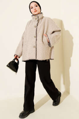 Çoban Dikişli Oversize Keçe Ceket Taş - Ceket