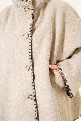 Çoban Dikişli Oversize Keçe Ceket Taş - Ceket