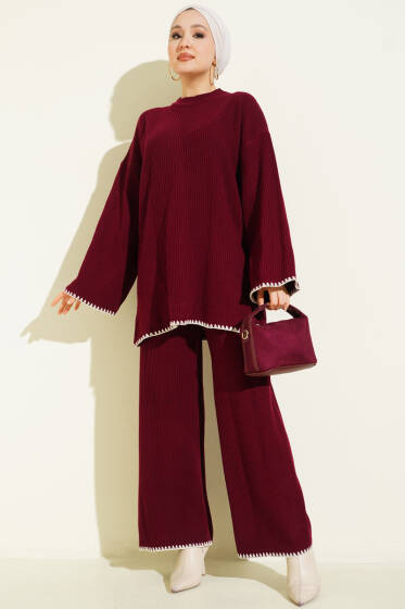 Çoban Dikişli Triko Tunik İkili Takım Bordo - İkili Takım