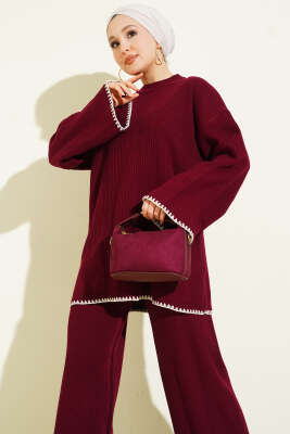 Çoban Dikişli Triko Tunik İkili Takım Bordo - İkili Takım
