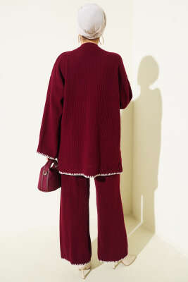 Çoban Dikişli Triko Tunik İkili Takım Bordo - İkili Takım