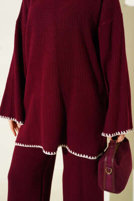 Çoban Dikişli Triko Tunik İkili Takım Bordo - İkili Takım
