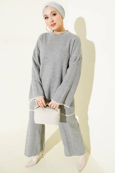Çoban Dikişli Triko Tunik İkili Takım Gri - İkili Takım