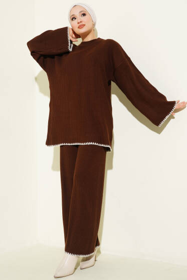 Çoban Dikişli Triko Tunik İkili Takım Kahve - İkili Takım