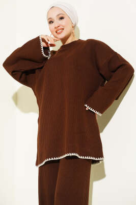 Çoban Dikişli Triko Tunik İkili Takım Kahve - İkili Takım