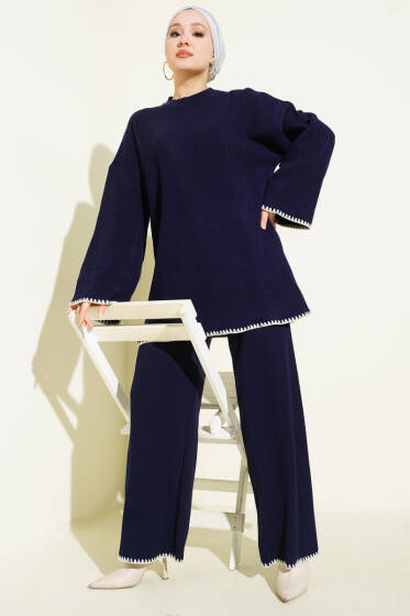 Çoban Dikişli Triko Tunik İkili Takım Lacivert - İkili Takım
