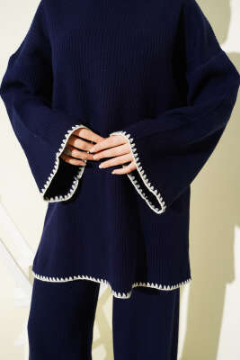 Çoban Dikişli Triko Tunik İkili Takım Lacivert - İkili Takım