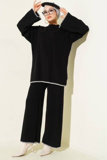 Çoban Dikişli Triko Tunik İkili Takım Siyah - İkili Takım