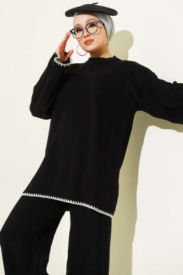 Çoban Dikişli Triko Tunik İkili Takım Siyah - İkili Takım