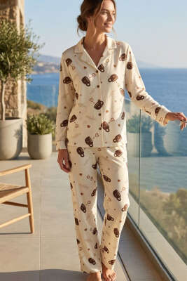 Coffe Baskılı Kadın Pijama Takımı Bej - Pijama