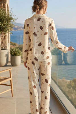 Coffe Baskılı Kadın Pijama Takımı Bej - Pijama