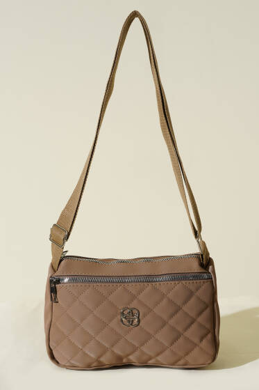 Çok Bölmeli Kapitone Omuz Çantası Vizon - Kol Çantası