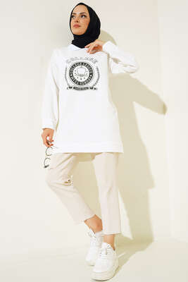 College Baskılı Tunik Beyaz - Tunik