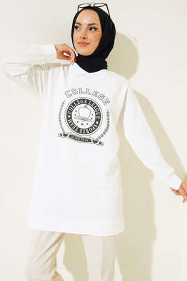 College Baskılı Tunik Beyaz 