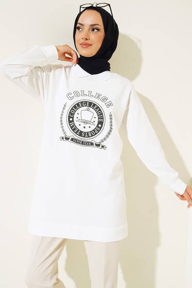 College Baskılı Tunik Beyaz - Tunik