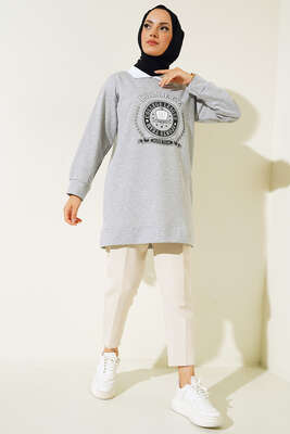 College Baskılı Tunik Gri - NEVA MODA