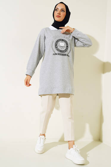 College Baskılı Tunik Gri - Tunik