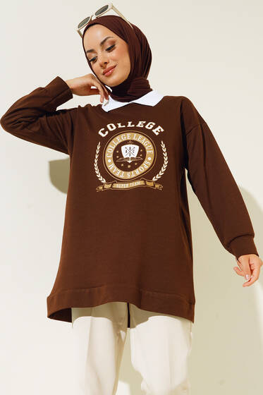 College Baskılı Tunik Kahve - Tunik