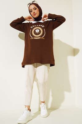 College Baskılı Tunik Kahve - Tunik