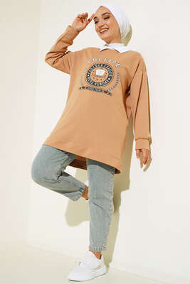 College Baskılı Tunik Latte - NEVA MODA