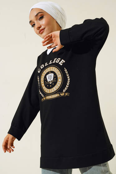 College Baskılı Tunik Siyah - Tunik