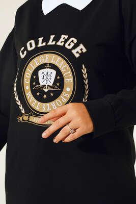 College Baskılı Tunik Siyah - Tunik